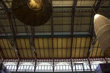 Mercato Centrale in Florence, looking up at the rooftop with pening lamps