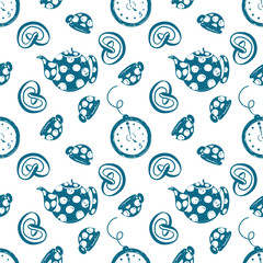 Tea time simple sketh drawn by hand seamless pattern in cartoon style with watch, cup, brezel, teapot, bakery. For wallpapers, web background, textile, wrapping, fabric, kids design.