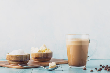 Bulletproof coffee, blended with organic  butter and MCT coconut oil.