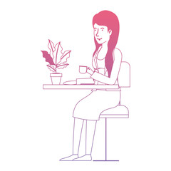woman in the table drinking coffee with house plant vector illustration design