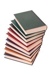 Stack of old paper books on a white background