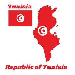 Fototapeta na wymiar Map outline and flag of Tunisia, it is The red and white flag with star and crescent in center. with name text Republic of Tunisia.