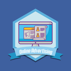 online advertising emblem with computer icon over blue background, colorful design. vector illustration