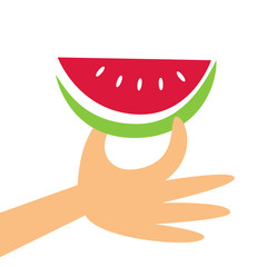 Watermelon slice icon. Colorful cute cartoon retro color, minimal style. Hand with piece of red sweet watermelon. American National summer holiday sign. Sale banner, flyer template vector illustration