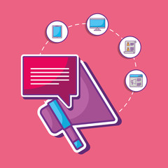 Online advertising design with megaphone and related icons around over pink background, colorful design. vector illustration