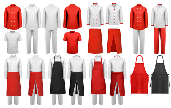 Big collection of culinary clothing, white and red suits and aprons. Vector.