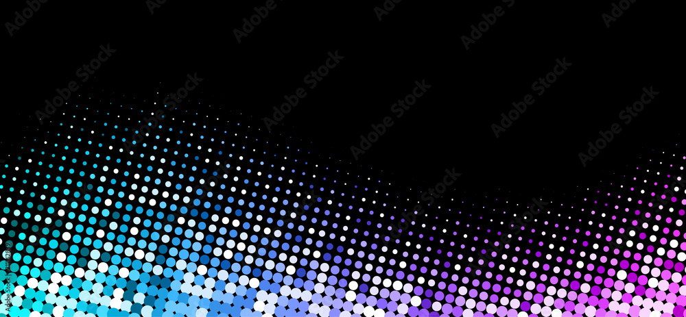 Poster black background with colorful halftone dotted pattern.