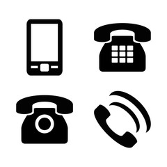 Vector icon set: flat black phone icons - mobile phone, handset, two types of traditional phone	