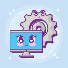 kawaii monitor computer and gear wheel icon over blue background, colorful design. vector illustration