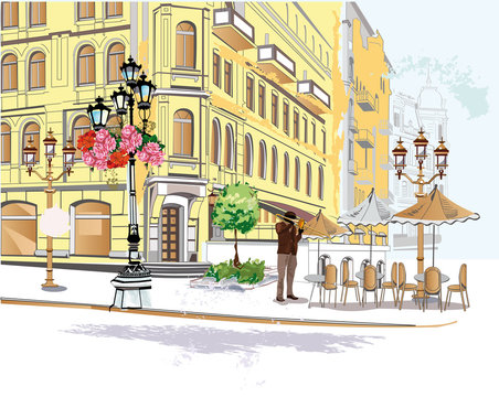 Series of colorful street views in the old city. Hand drawn vector architectural background with historic buildings.