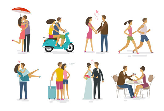 Loving couple, set of icons. Family, love concept. Cartoon vector illustration