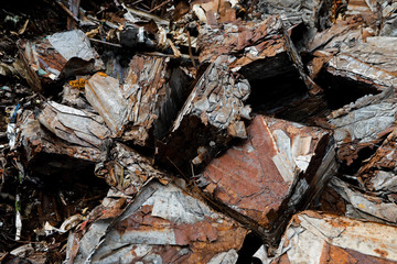 Closeup of scrap metal bales bundled for recycling ,old steel,