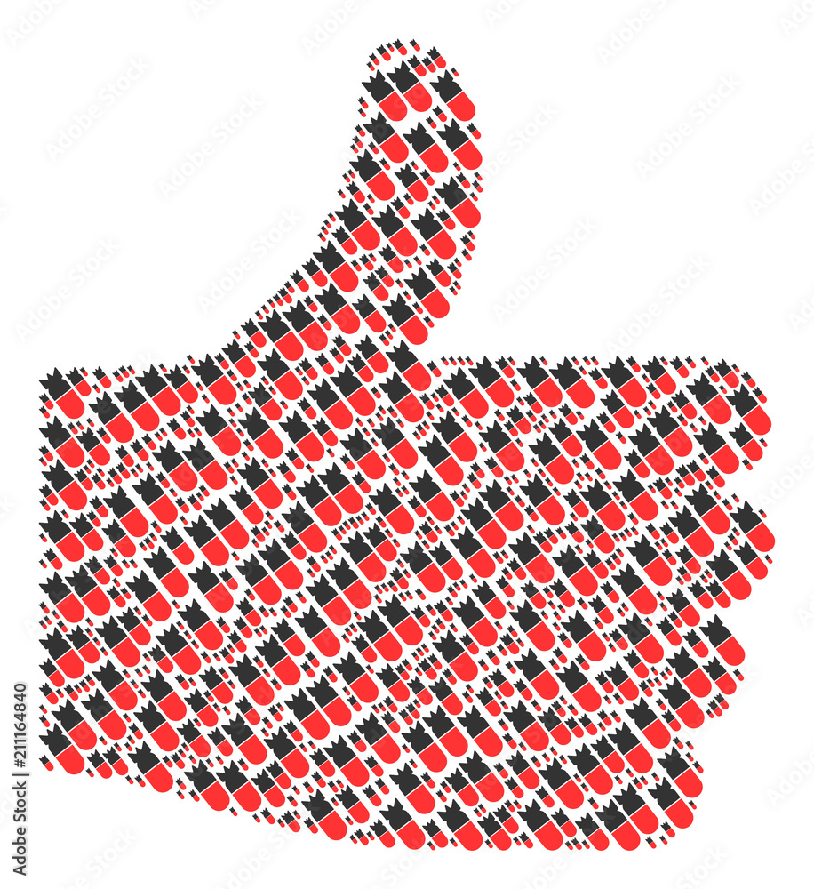 Poster validate figure constructed from aviation bomb icons in various sizes. abstract vector thumb up illu