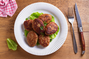 Delicious homemade burgers or cutlets. overhead, horizontal