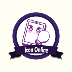 Icon online emblem with kawaii cellphone and bulb over white background, colorful design. vector illustration