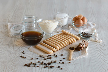 Tiramisu ingredients concept Close up Indoor shot on a wodden board in bird's-eye view, selective focus