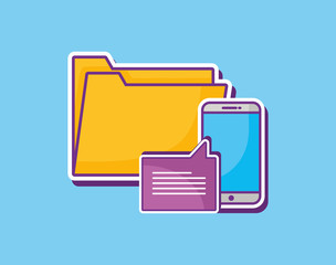 document folder with smartphone and speech bubble icon over blue background, colorful design. vector illustration