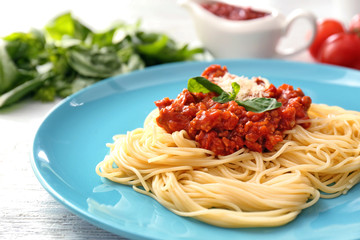 Delicious pasta with meat sauce on plate