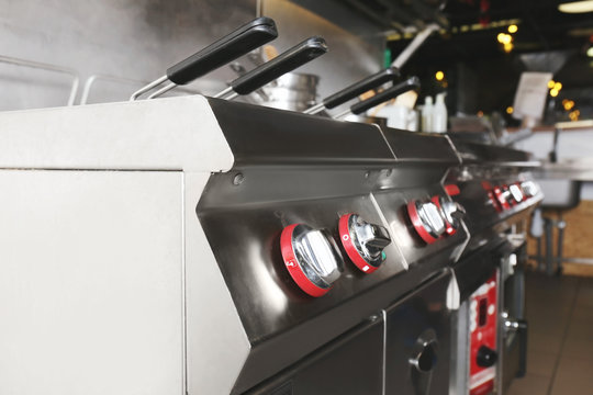 Pasta Boiler In Professional Kitchen Of Restaurant, Closeup