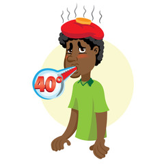 Mascot Ben person afro-descendant man, with high fever, symptom. Ideal for informational and institutional related to medicine