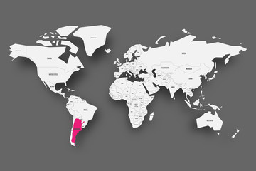 Fototapeta na wymiar Argentina pink highlighted in map of World. Light grey simplified map with dropped shadow on dark grey background. Vector illustration.