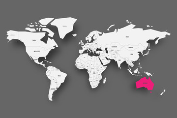 Australia pink highlighted in map of World. Light grey simplified map with dropped shadow on dark grey background. Vector illustration.