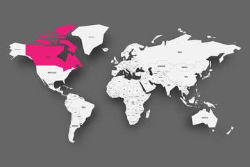Fototapeta na wymiar Canada pink highlighted in map of World. Light grey simplified map with dropped shadow on dark grey background. Vector illustration.