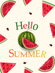 Hello summer.  set of greeting card lettering design with colorful watermelon fruit.