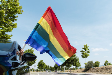 man in a car waving a rainbow flag.