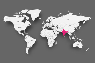 Obraz na płótnie Canvas India pink highlighted in map of World. Light grey simplified map with dropped shadow on dark grey background. Vector illustration.