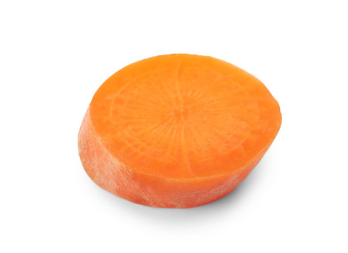 Slice of ripe carrot on white background
