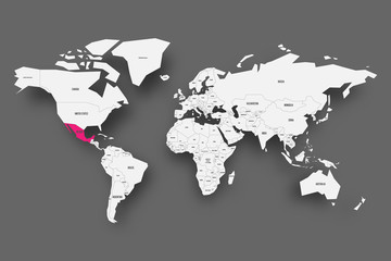 Fototapeta na wymiar Mexico pink highlighted in map of World. Light grey simplified map with dropped shadow on dark grey background. Vector illustration.