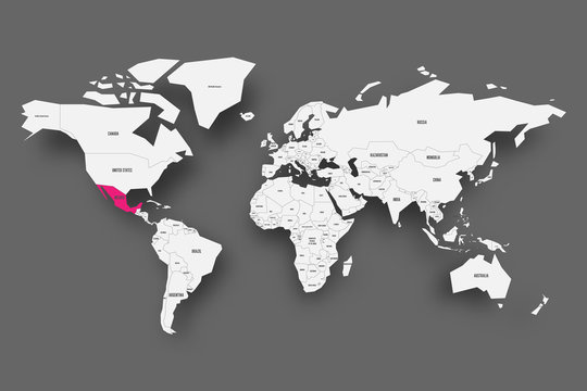 Mexico pink highlighted in map of World. Light grey simplified map with dropped shadow on dark grey background. Vector illustration.