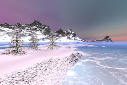 Snowy mountains, a polar landscape, beautiful trees, frozen waters and colored clouds in the sky.