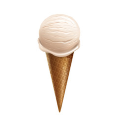 Vector 3d realistic vanilla ice cream in waffle cone isolated on white background. Sweet summer dessert with sundae taste. Milk natural frozen product. Design element for package or ad poster, banner