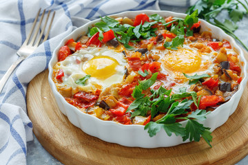 Homemade spicy shakshuka with eggs.