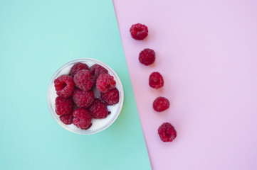 Flat lay of granola with rasberry.