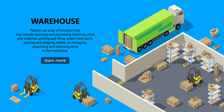 Vector 3d isometric template with warehouse, truck. Site with button for shipping, logistic. Portal background with forklifts, goods and storage. Commercial transportation for internet page