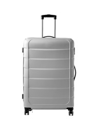 Gray suitcase packed for journey on white background