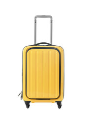 Bright yellow suitcase packed for journey on white background