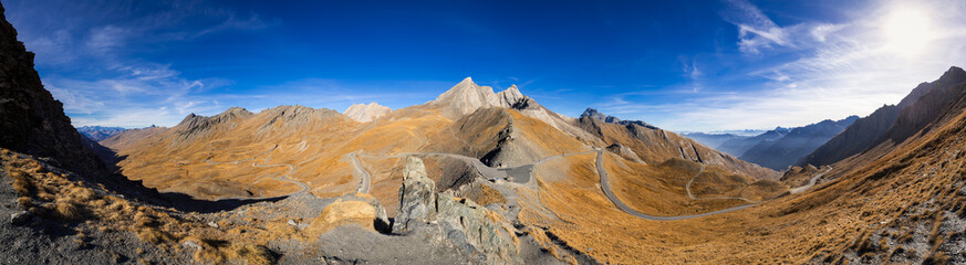 Panoramic view on Col Agnel in Hautes-Alpes in Fall. In the center, the mountain peak Pain de...