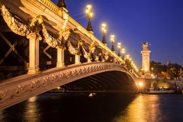 Photo sur Plexiglas Pont Alexandre III Pont Alexandre III bridge and Seine River at twilight. 8th Arrondissement, Paris, France
