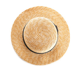 Stylish summer hat on white background, top view