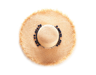 Fototapeta na wymiar Stylish summer hat on white background, top view