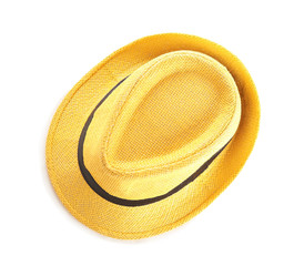 Stylish summer hat on white background, top view