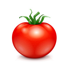 Fresh red ripe tomato with green leaf. Vegetarian vegetable - 211176842