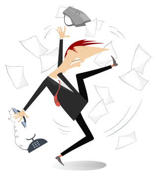 Angry businessman isolated illustration. Angry and upset man throws about papers, bag and telephone isolated on white illustration
