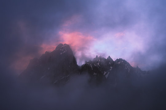 Mount peak in a clouds. Chaukhi, Caucasus, Georgia