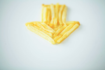 Diet. Pointer. Golden Frost Potato on White Background. Dietology. Healthy Eating. High Resolution