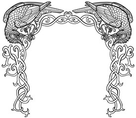 Vector illustration of two ravens gothic Celtic knot frame black and white
